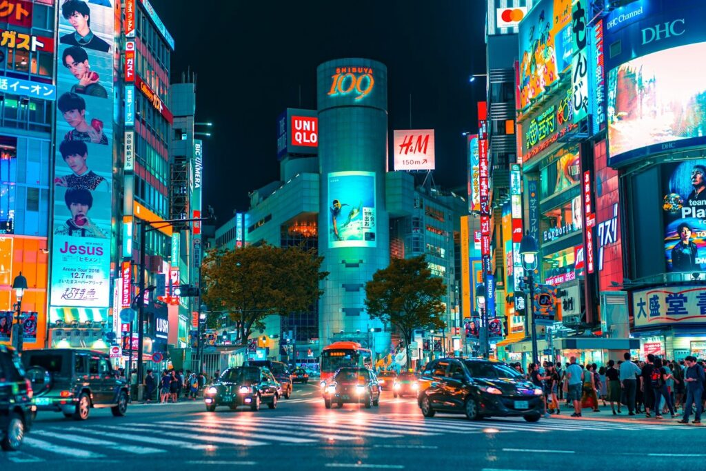 Shibuya crossing in Tokyo at night, Japan