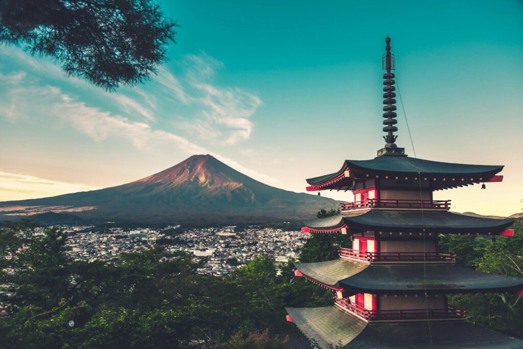 Mount Fuji with Chureito Pagoda at sunrise, Japan