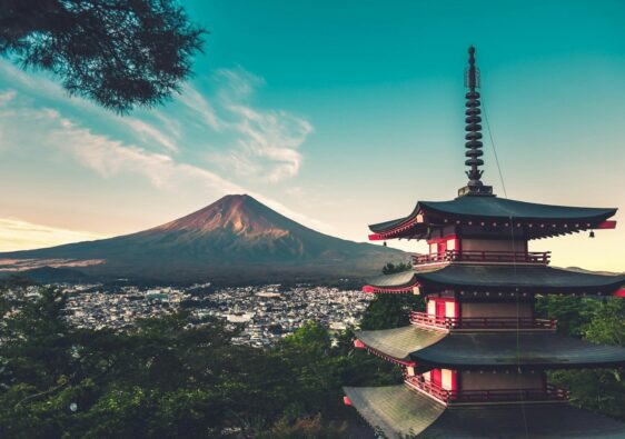 Mount Fuji with Chureito Pagoda at sunrise, Japan