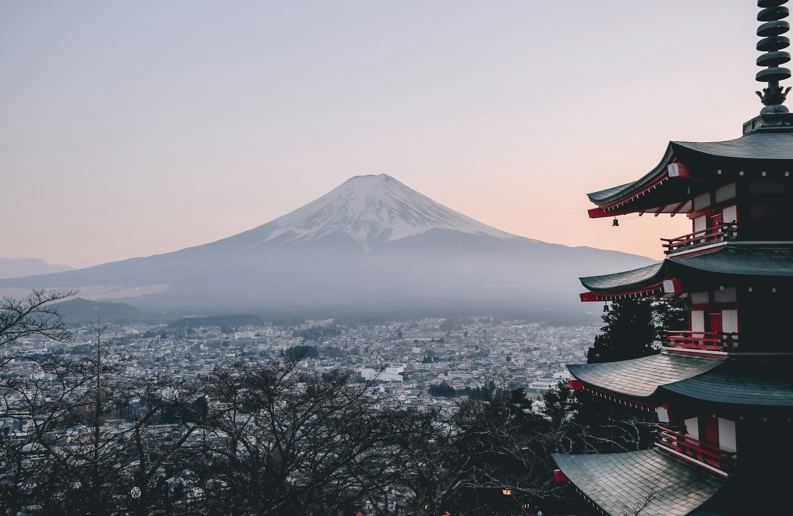 Chureito Pagoda overlooking Fujiyoshida city with Mount Fuji in the background, Japan